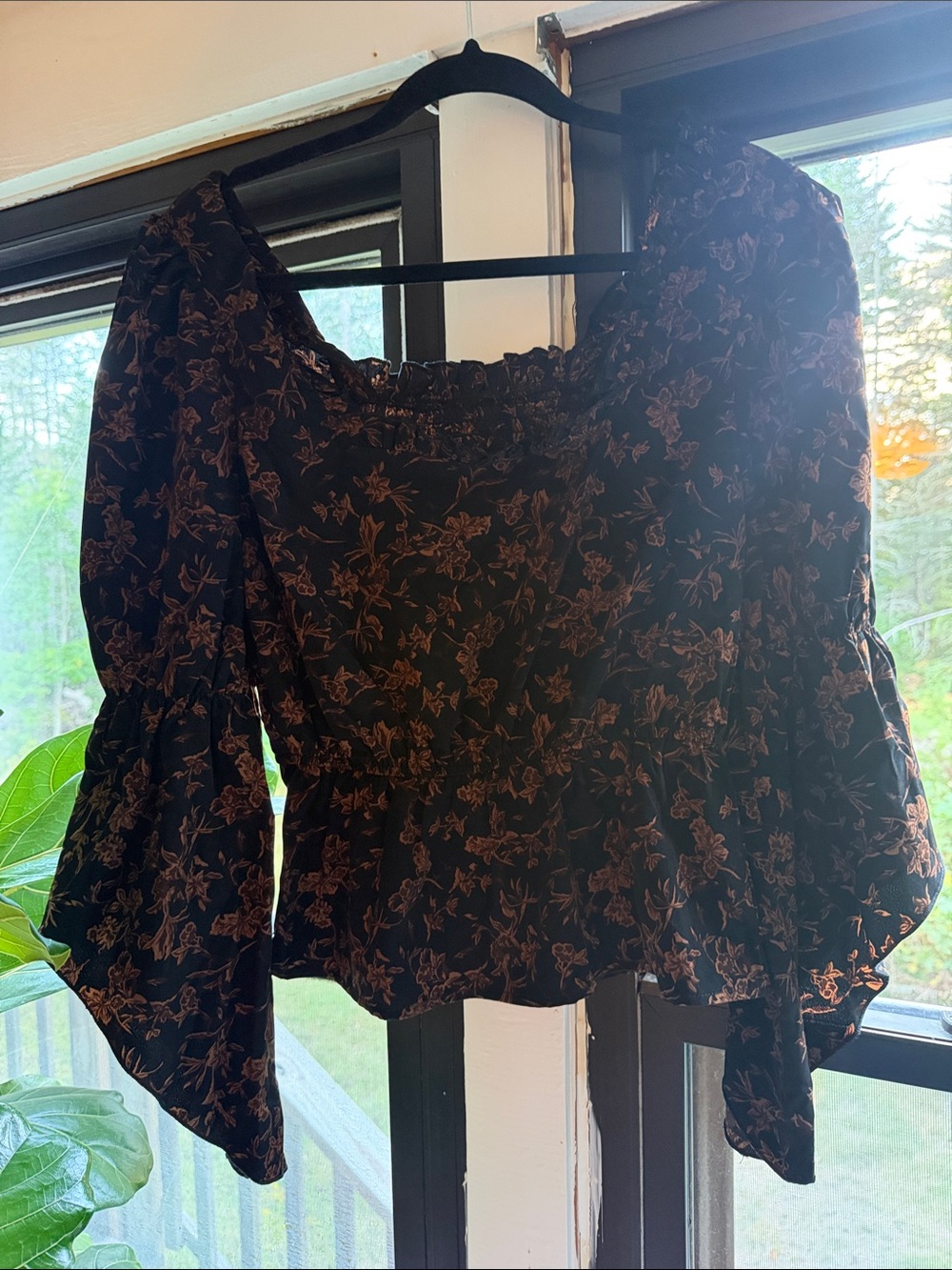 Cotton Black Floral Puff-Sleeve Peplum Top